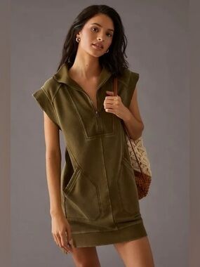Anthropologie Daily Practice Meru Zip-Front Mini Dress Green Sleeveless Sporty